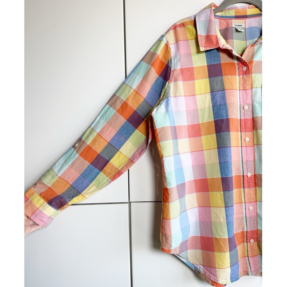 L.L. Bean Multicolor Patchwork Plaid Button Down … - image 2